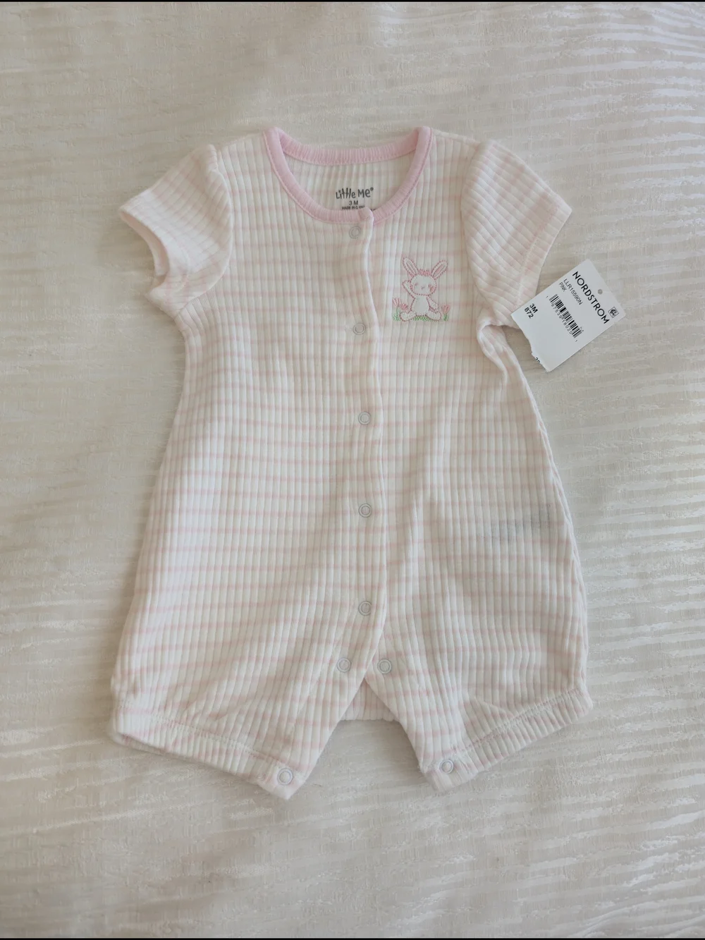 Little Me Pink and White Striped Short-Sleeve One-Piece with Bunny